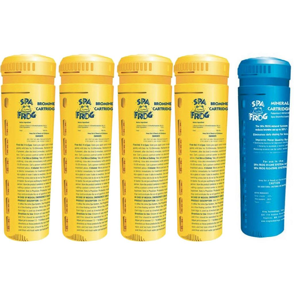 SPA FROG Replacement Cartridges 5 Pack 4 Bromine // 1 Mineral Frog Serene Cartridge Kit Plus Extra Bromine with Bonus Blue Spa Thermometer