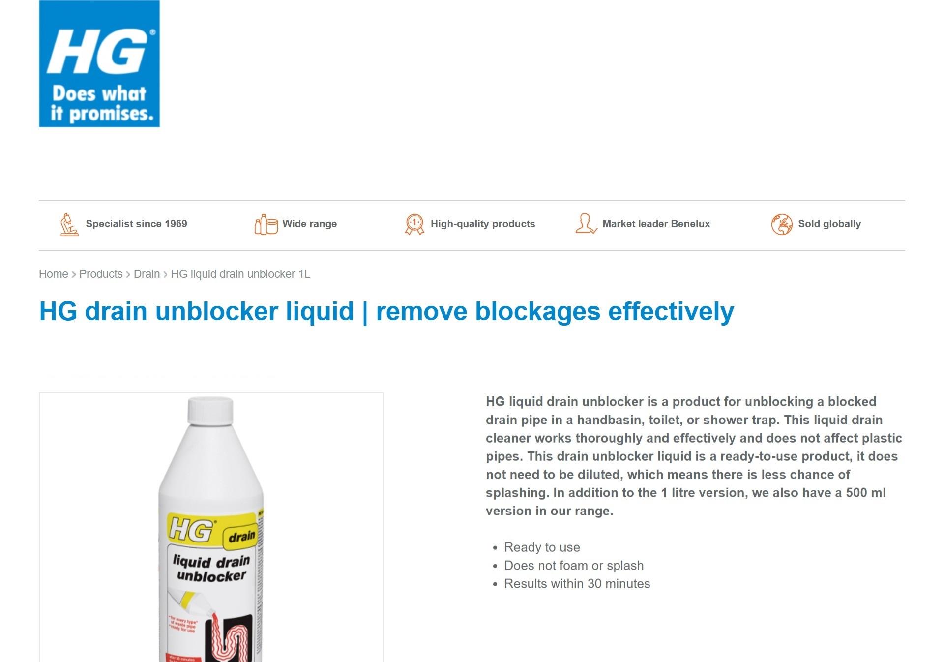 HG Drain Shower Sink Unblocker Powerful Liquid Remove Blockages