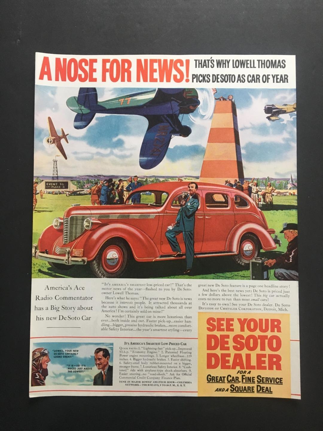 Original 1938 De Soto Car Print Ad with Lowell Thomas | eBay