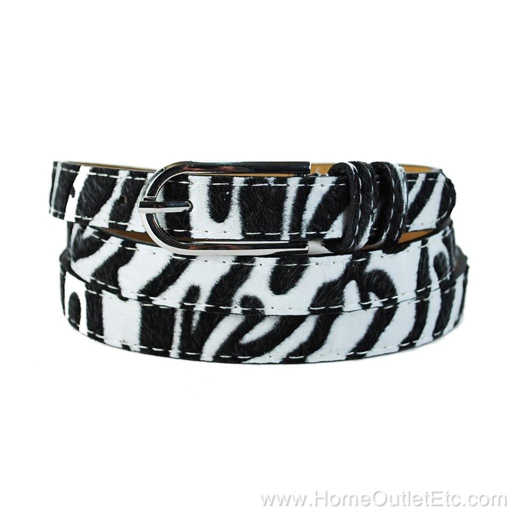 Skinny Zebra Print Faux Fur Textured Leather Belt Animal Striped Unisex ...