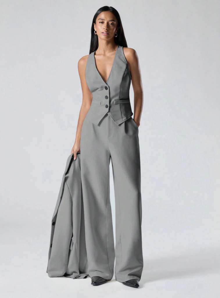 Women's V-Neck Tank Top + Long Sleeve Jacket + Long Pants Elegant Suit Set - Picture 7 of 8