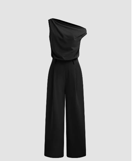NWT CIDER Asymmetrical Neck Solid Pocket Wide Leg Jumpsuit