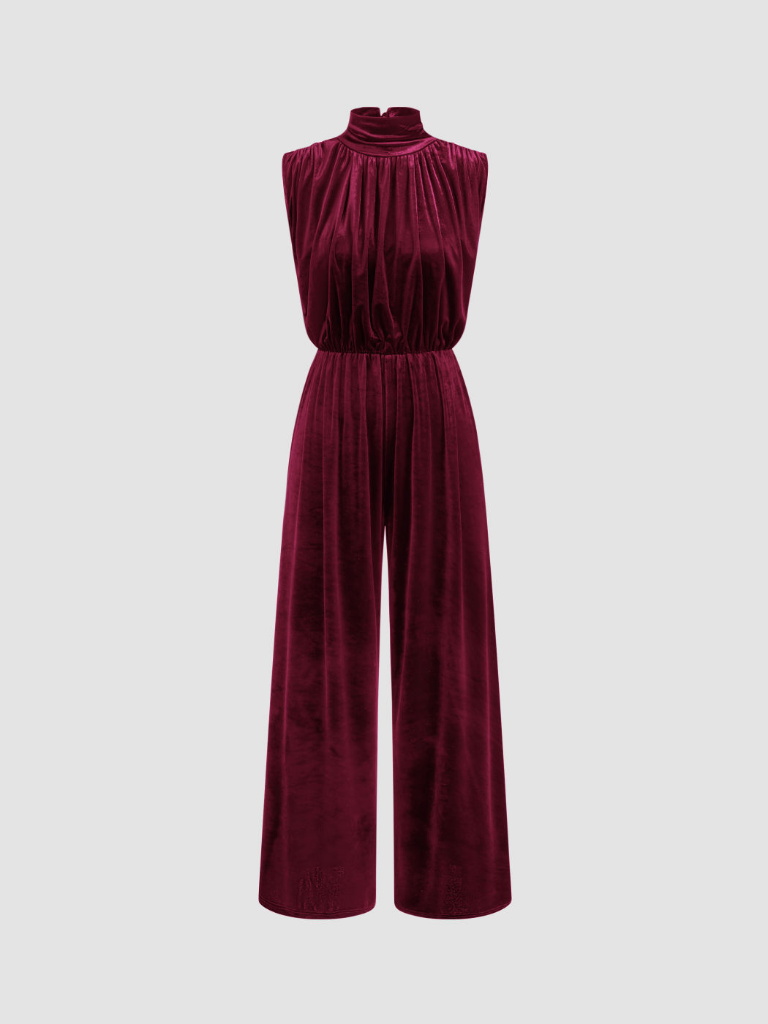NWT CIDER Velvet High Neck Ruched Zipper Wide Leg Jumpsuit