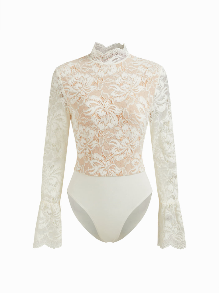 NWT CIDER Floral Lace Stand Collar Ruffle Long Sleeve Bodysuit