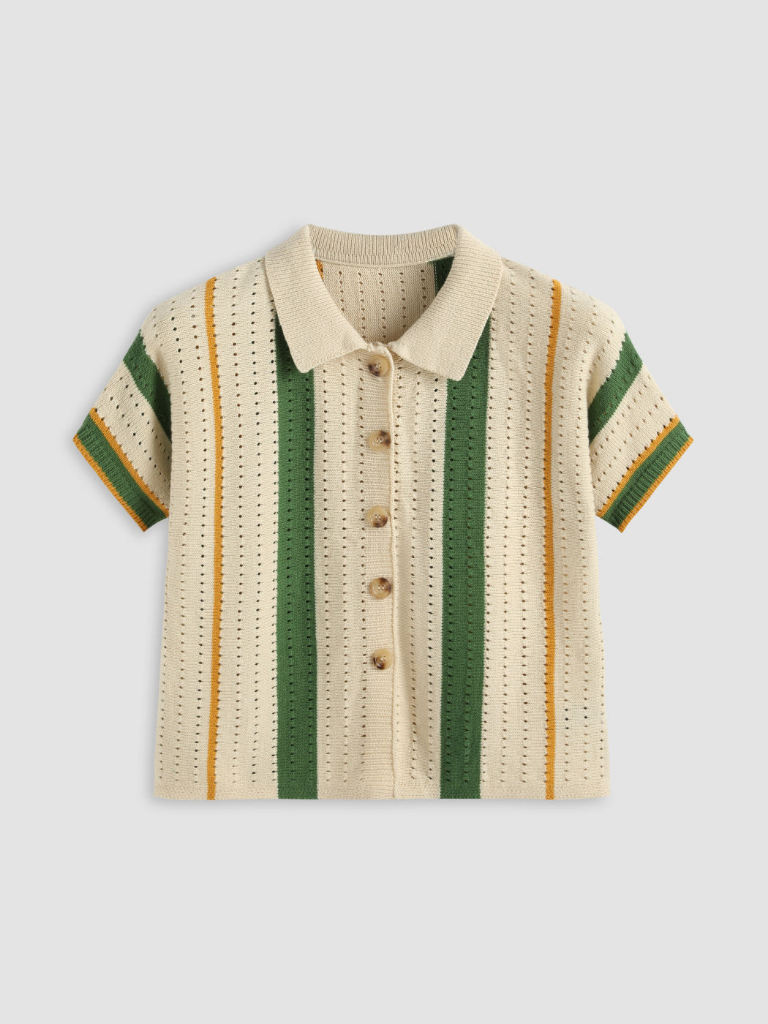 NWT CIDER Knit Polo Striped Hollow Out Short Sleeve Top