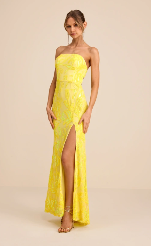 NWT lulus Shimmering Icon Yellow Sequin Lace-Up Strapless Maxi Dress