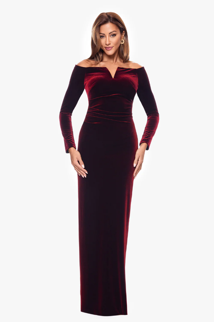 NWT xscape evenings Petite “Christy” Off the Shoulder Velvet Dress