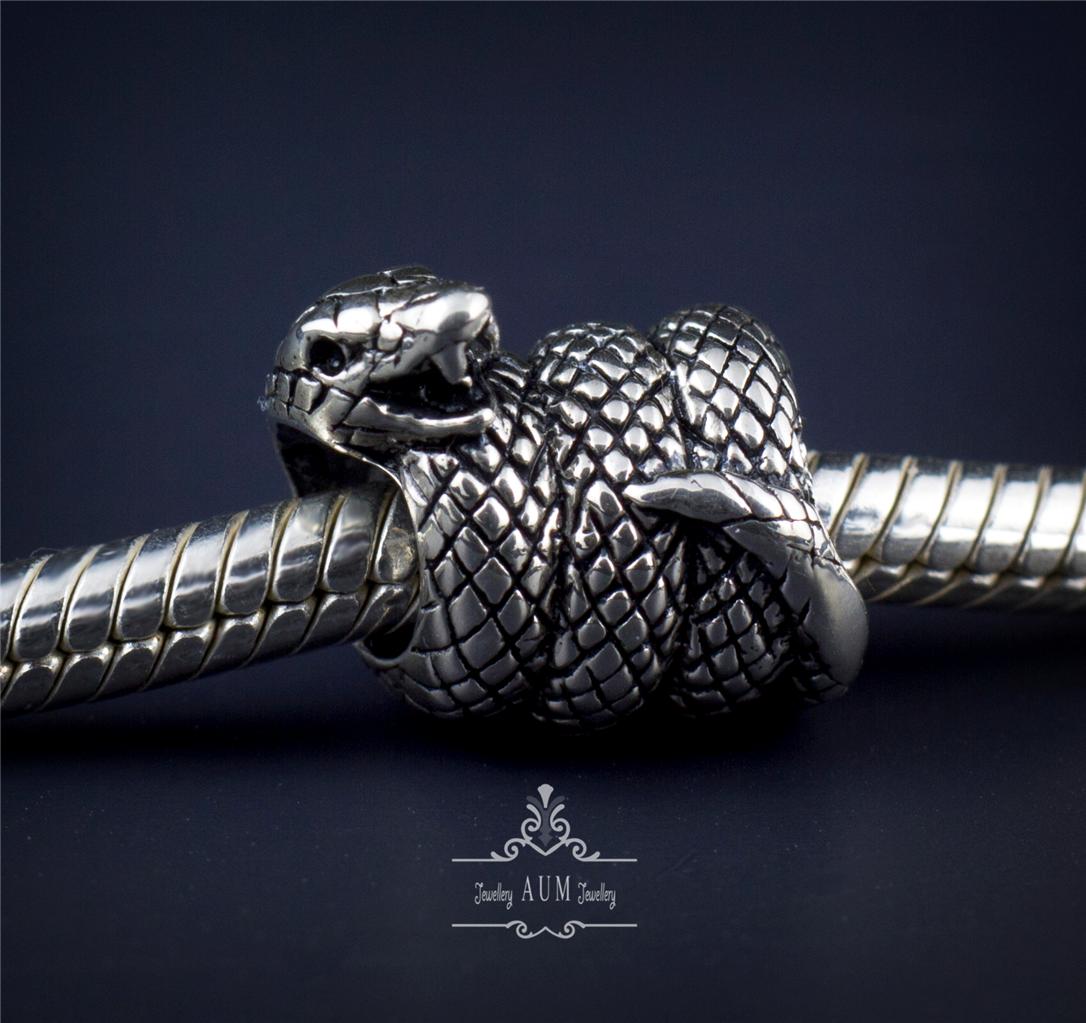 Genuine SOLID 925 Sterling silver charm bead rattle snake serpent fits ...