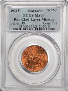 2002 PCGS MS64 Missing Clad Layer Tennessee Quarter Mint Error