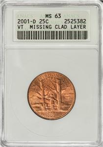ANACS MS63 アメリカ 25セント 1985p ミントエラー 2001 D ANACS MS63 Missing Clad Layer Vermont Quarter Mint