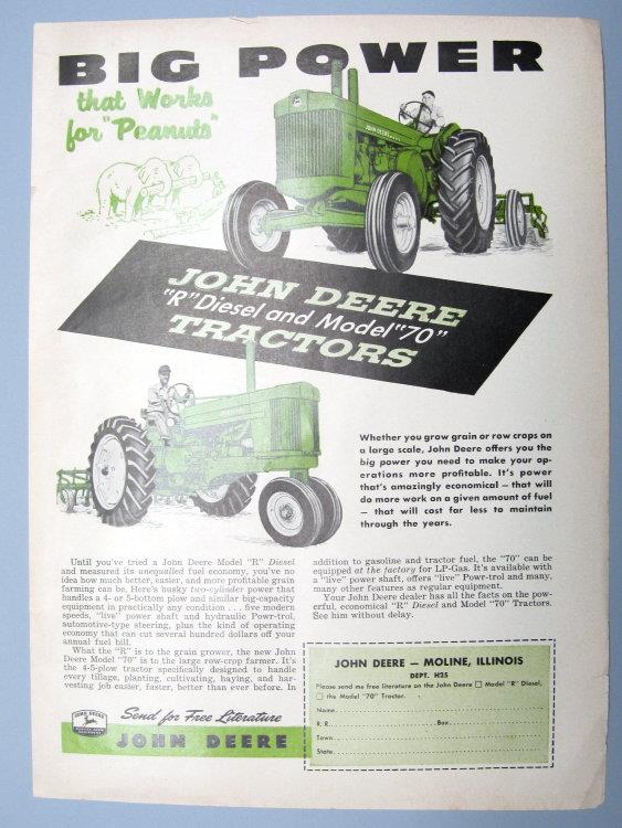 8x11 Original 1948 John Deere R &amp; 70 Ad BIG POWER THAT WORKS FOR PEANUTS