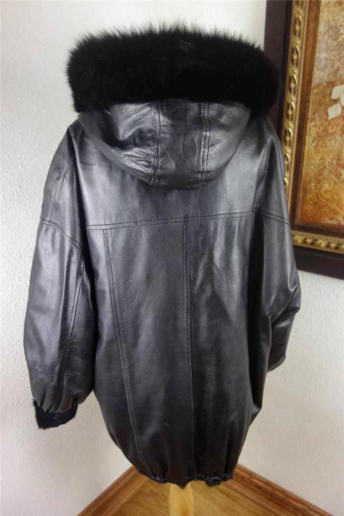 Mens Womens Plus Black Mink Leather Fox Reversible Hooded Fur Coat ...