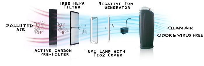 HEPA filtration with negative ion generator active carbon filter and UV to rid the air of allergens, dander and pollutants