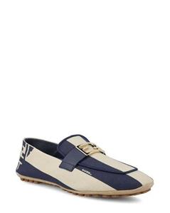 Öffen(オッフェン) pointed-FRIN / NAVY ☆ FENDI Baguette FF Logo Canvas Pequin Stripes Flat Loafers