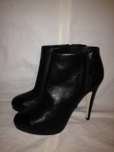 CHANEL 12P Black Leather Patent Cap Toe Platform Ankle Bootie Boots