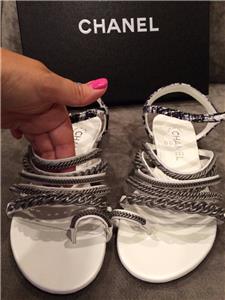 CHANEL 15S 2015 Tweed Chains Toe Ring Thong Strappy Flat