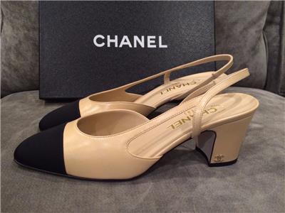 CHANEL 16S Two Tone Leather Ankle Strap Slingback Sandal Heels Shoes ...