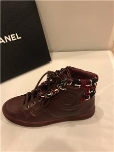 CHANEL 15K Leather Zip Chain High Hi Top Sneakers Kicks Shoes Burgundy  $1025 | eBay