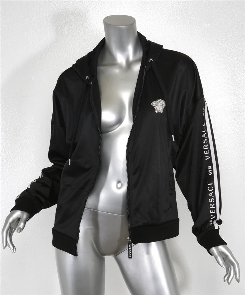 【関税&送料込】Versace Zip Sweatshirt. VERSACE Womens Black Medusa Track Zip-Up Hoodie Hooded
