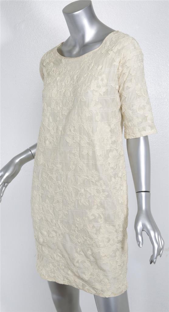 Rochas Womens Cream Floral Lace Short Sleeve Tie Open Back Shift
