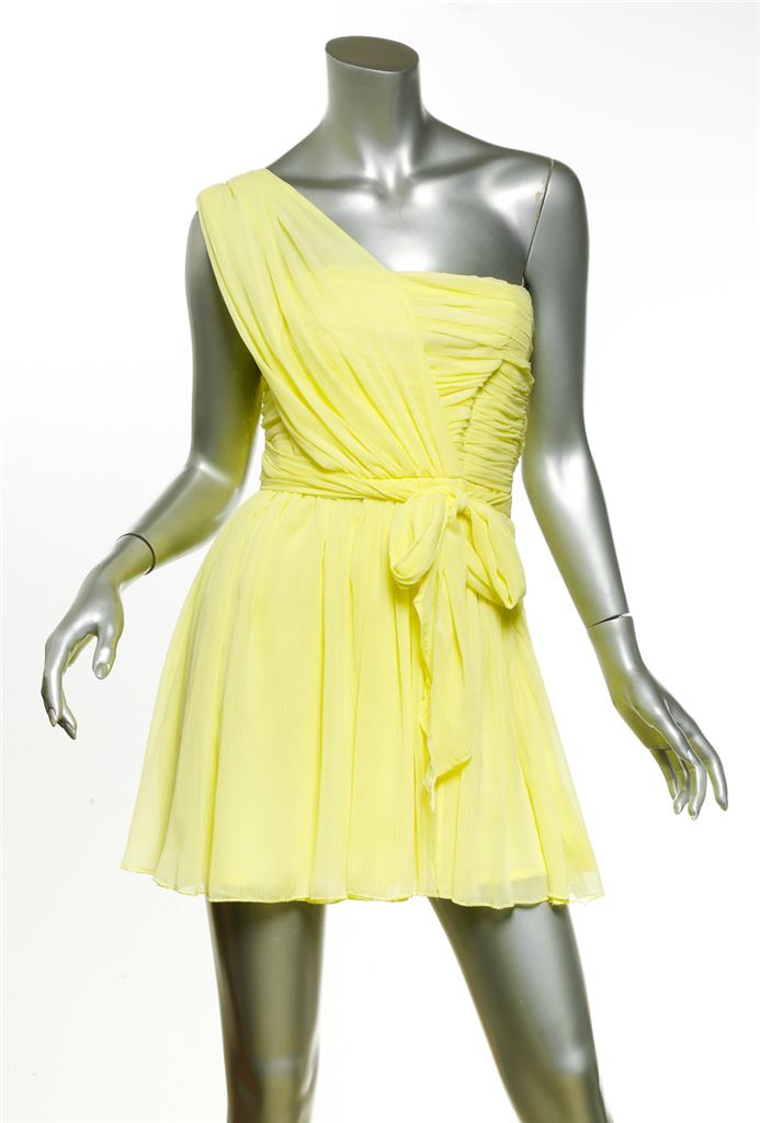 kate moss yellow chiffon dress KATE MOSS TOPSHOP Yellow Chiffon One-Shoulder Belted Mini Dress UK8 US4 NEW