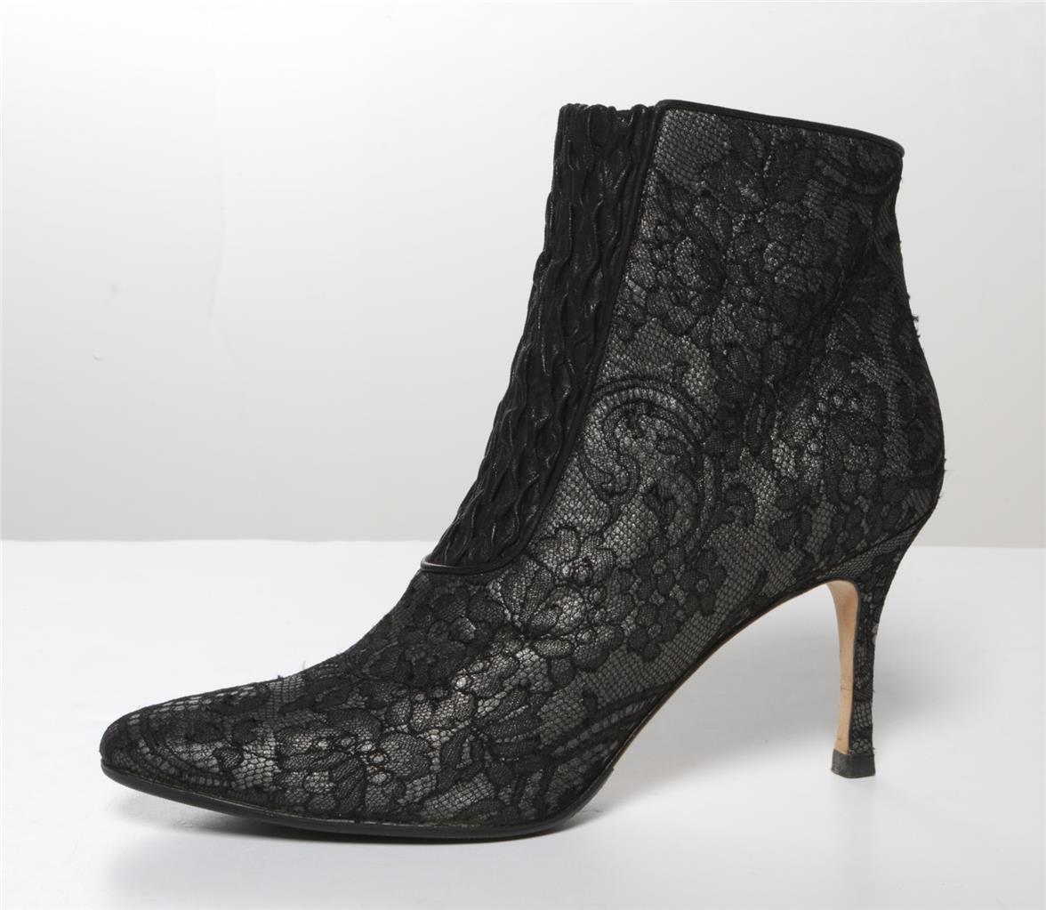 MANOLO BLAHNIK Black Lace & Leather High Heel Ankle Boots Booties Pumps ...