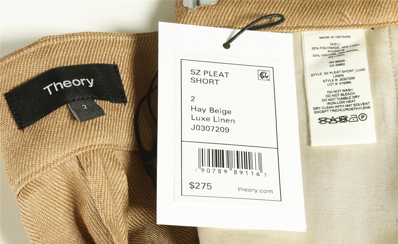 Short Femme Theory - Taille S (2) - Couleur Foin Beige - Lin Plissé Avec Poches - Neuf Avec étiquettes