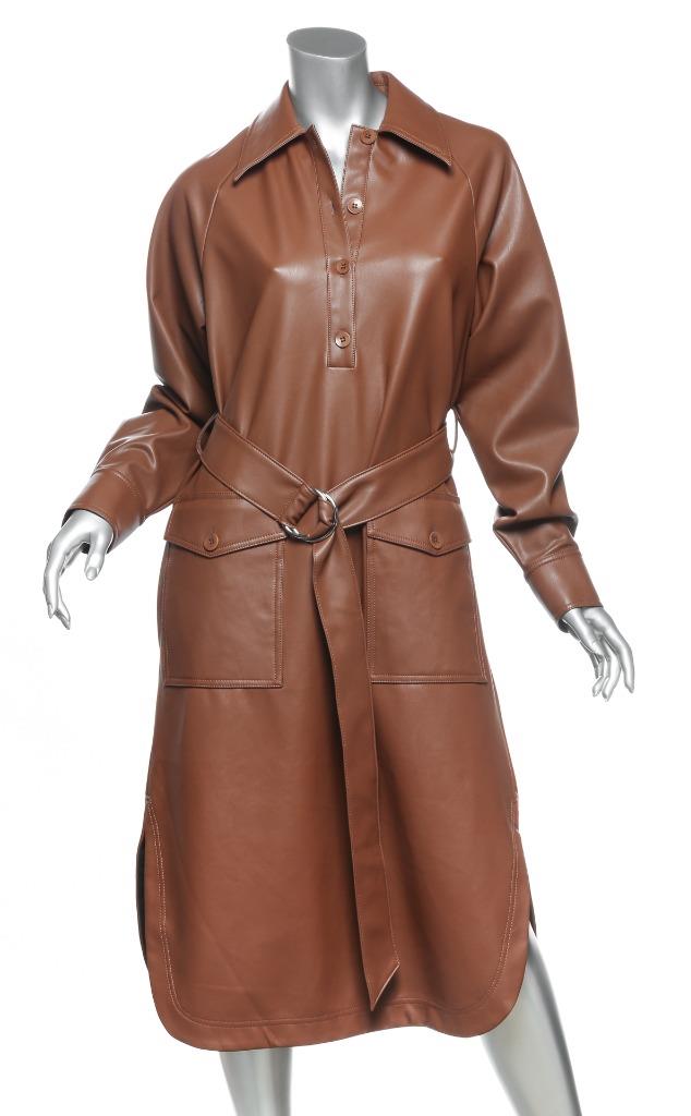 TIBI Womens Brown Faux-Leather Belted Midi Long Sleeve Shirt Dress US4 S  NEW | eBay