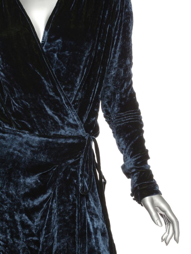 attico blue velvet dress ATTICO VICTORIA Womens Navy Blue Velvet Long Sleeve Maxi Wrap Robe Dress 1  S NEW