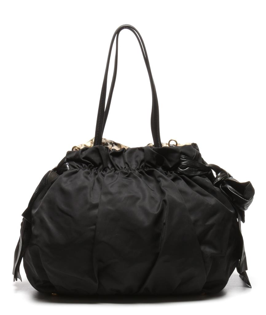 PRADA Snakeskin Printed Nylon Hobo Shoulder Bag Handbag Leather Side Bows Purse