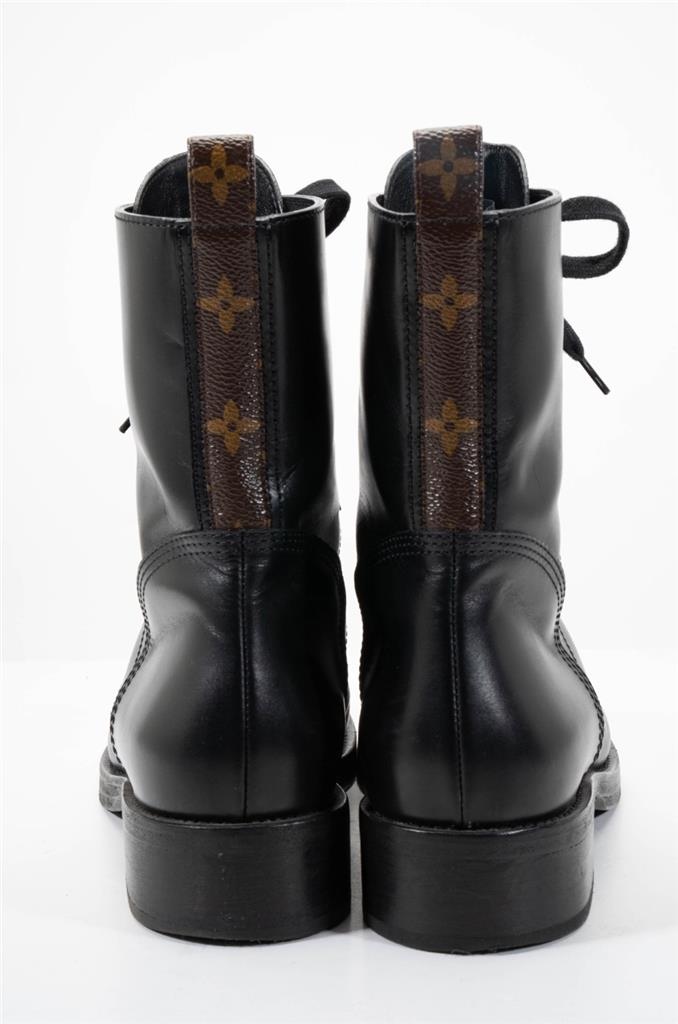 LOUIS VUITTON Black Leather Combat Boots Monogram LV Logo