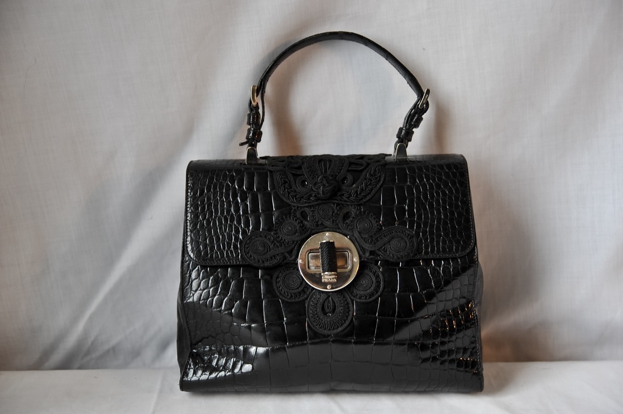 PRADA Black CROCODILE CROC Satchel Top Handle Flap Bag Handbag Purse ...