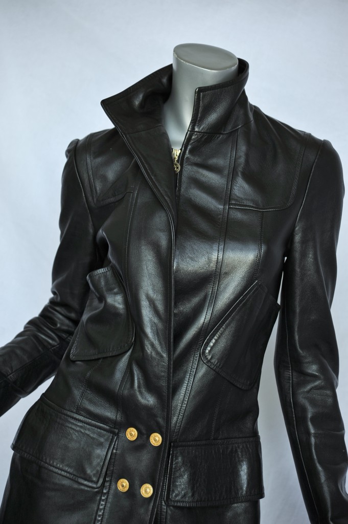 CHANEL Black Lambskin Leather Gold Buttons 3/4 Length Long Jacket Coat ...