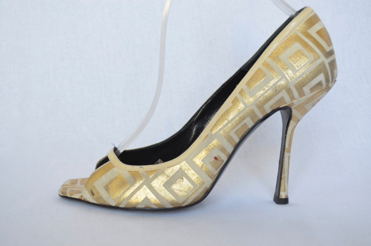 GIANNI VERSACE Metallic Gold Cream High Heel Pump Open-Toe Womens Shoe ...