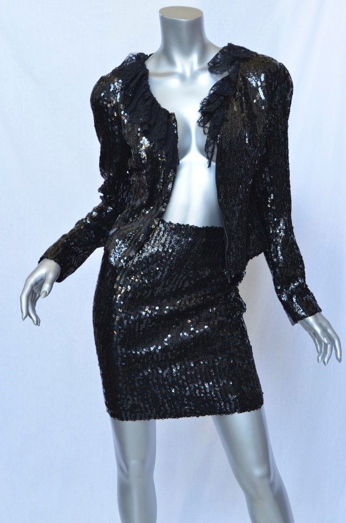 CHANEL BOUTIQUE Black SEQUIN Mini Skirt+Jacket Evening Suit Lace-Trim ...