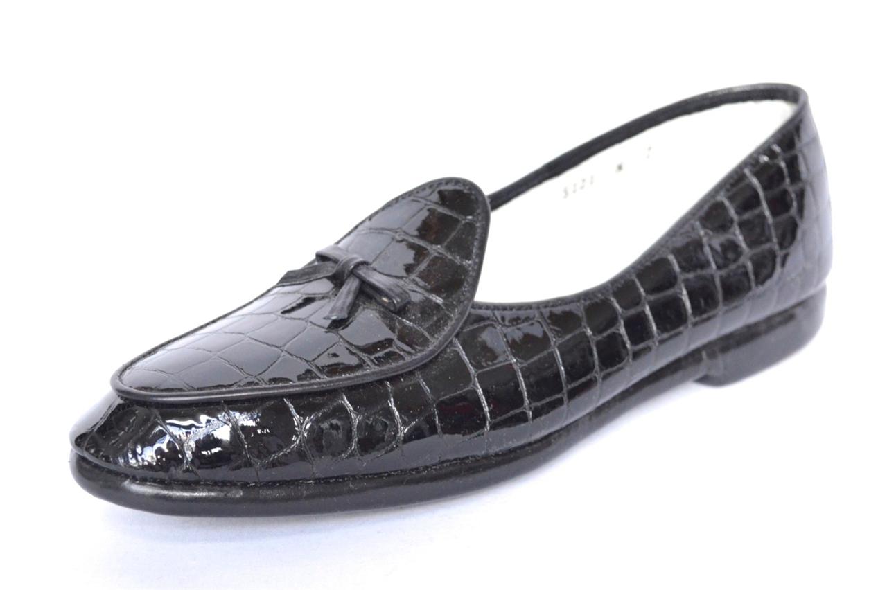 BELGIAN SHOES Womens Black CROCO-PATENT Slip-On Loafer Mocassin BOW ...