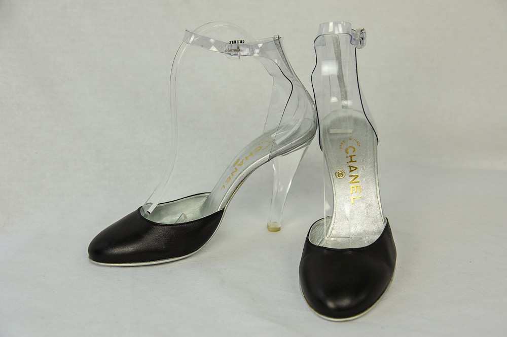 CHANEL Womens Black Clear Lucite Ankle Strap High Heel Pump Sandal Shoe ...