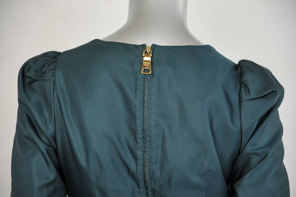 prada dark teal-green pleated shoulder wool silk sheath dress 3