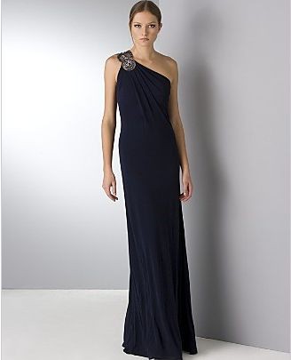 DAVID MEISTER Navy CRYSTAL JEWELED BEADED ONE SHOULDER GOWN Long Maxi ...