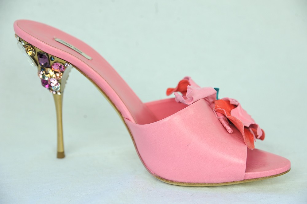 MIU MIU Womens Pink Jeweled Flower High Heel Pump Mule Slide Sandal ...