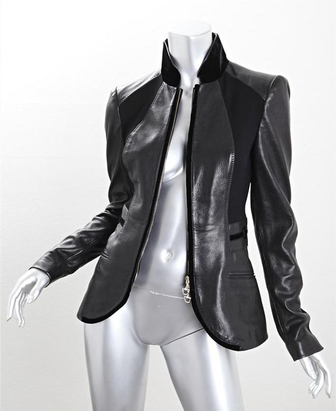 GUCCI Womens Black Leather Velvet Trim Zip-Up Equestrian Blazer Jacket ...