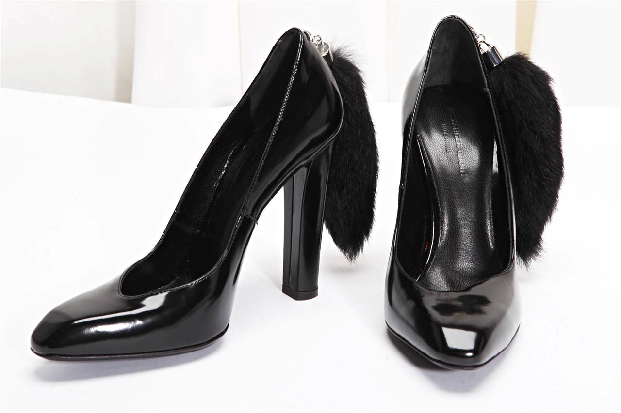 ALEXANDER WANG Womens Black Patent Leather Rabbit Fur High