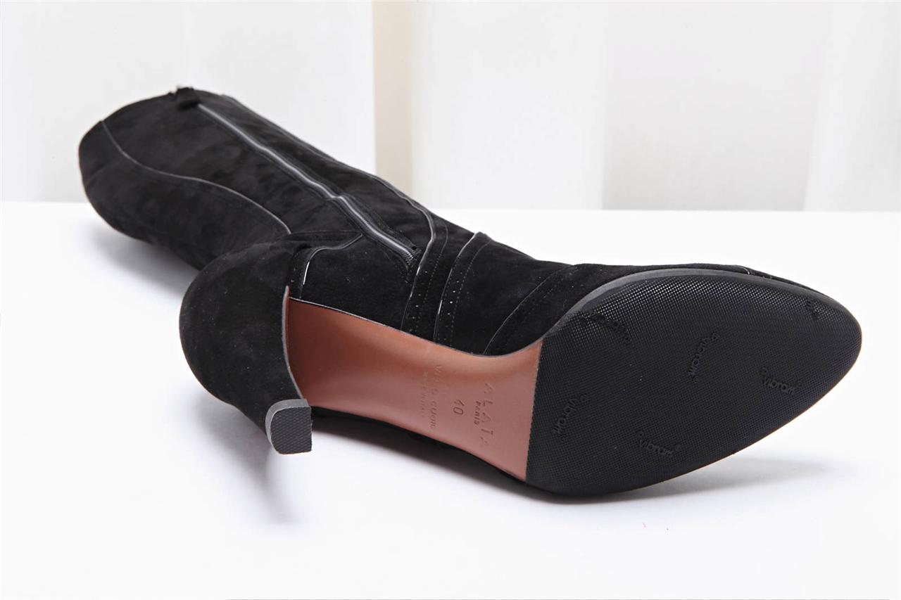 ALAIA Black Suede Elastic Zip Up Knee High Boot High Heel