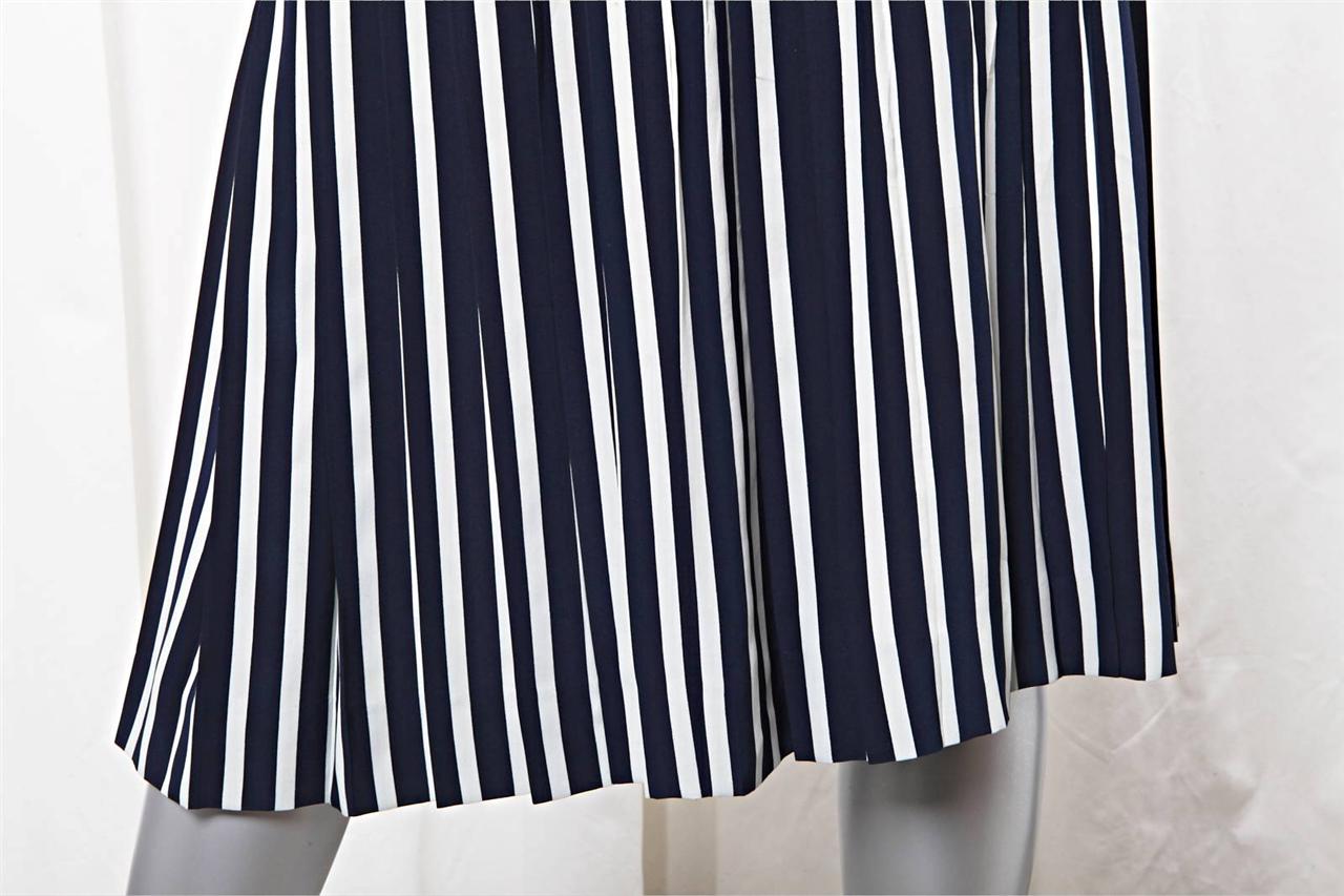 CHANEL Striped Navy Blue+White SILK Pleated Knee Length A-Line Skirt 38 ...