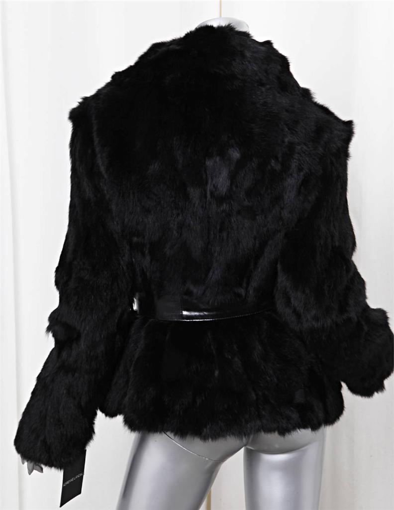 ADRIENNE LANDAU Womens Black Rabbit Fur Belted Long-Sleeve Jacket Coat ...