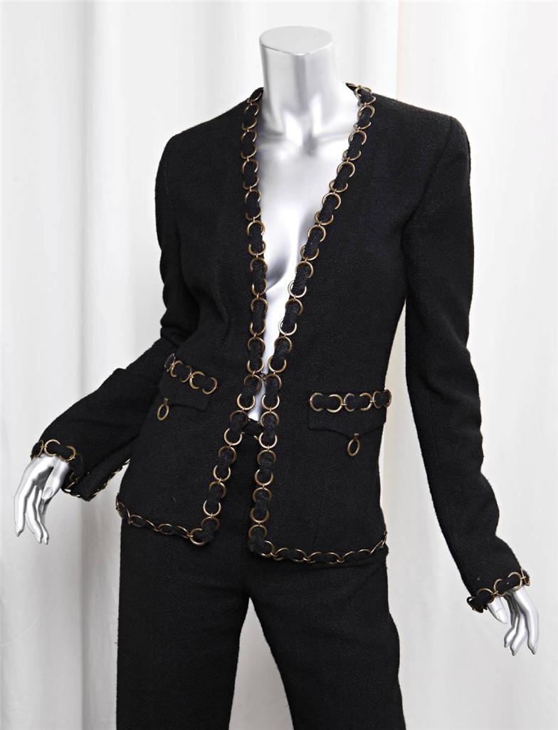 CHANEL 02P Womens Classic Black Silk Chain Blazer Jacket Pant Suit ...