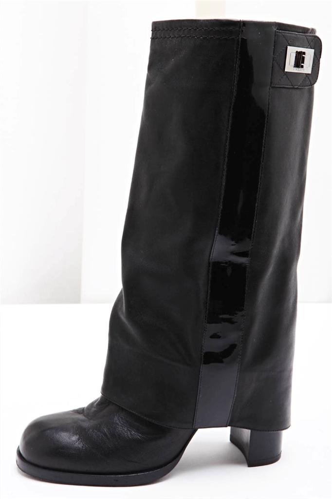 CHANEL Black Leather Sheath Fold Over Mid Calf Boots High Heel Shoe 6.5