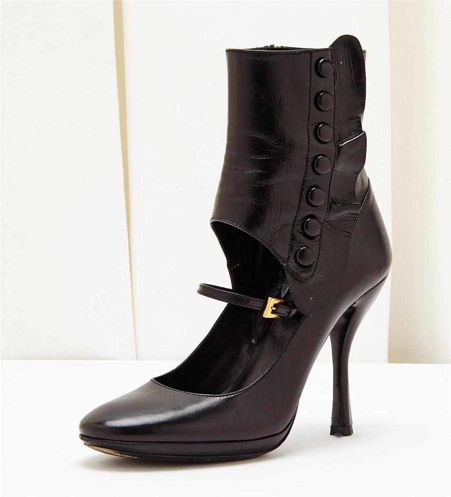 PRADA Black Leather Button Up Boot VICTORIAN High Heel Pump Shoe 7.5 ...