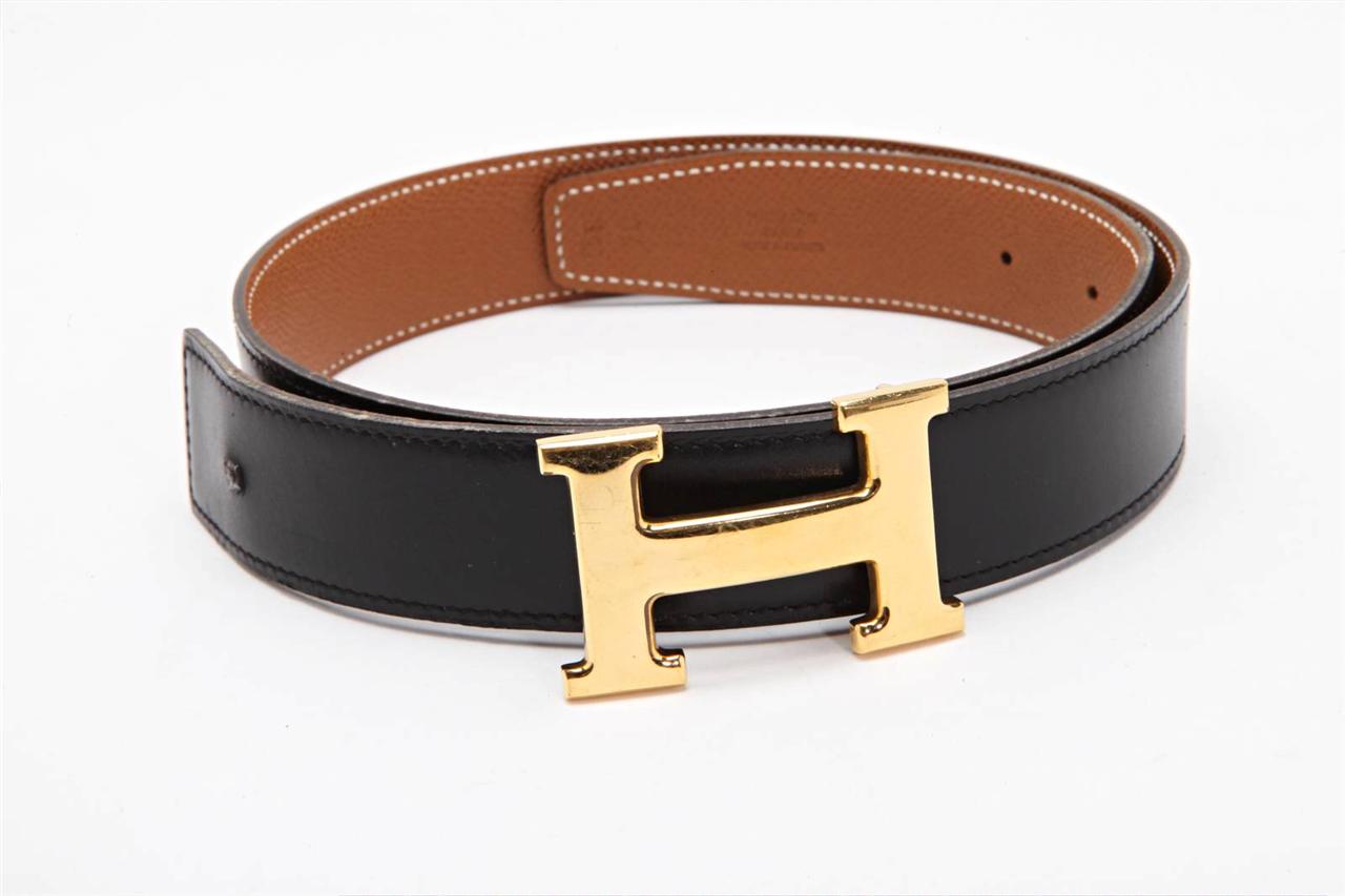 HERMES Womens Classic Black Leather Gold Goldtone 'H' Buckle Belt Kit ...