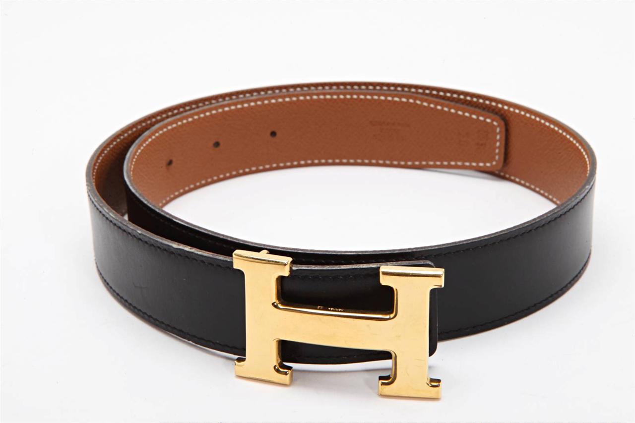 HERMES Womens Classic Black Leather Gold Goldtone 'H' Buckle Belt Kit ...